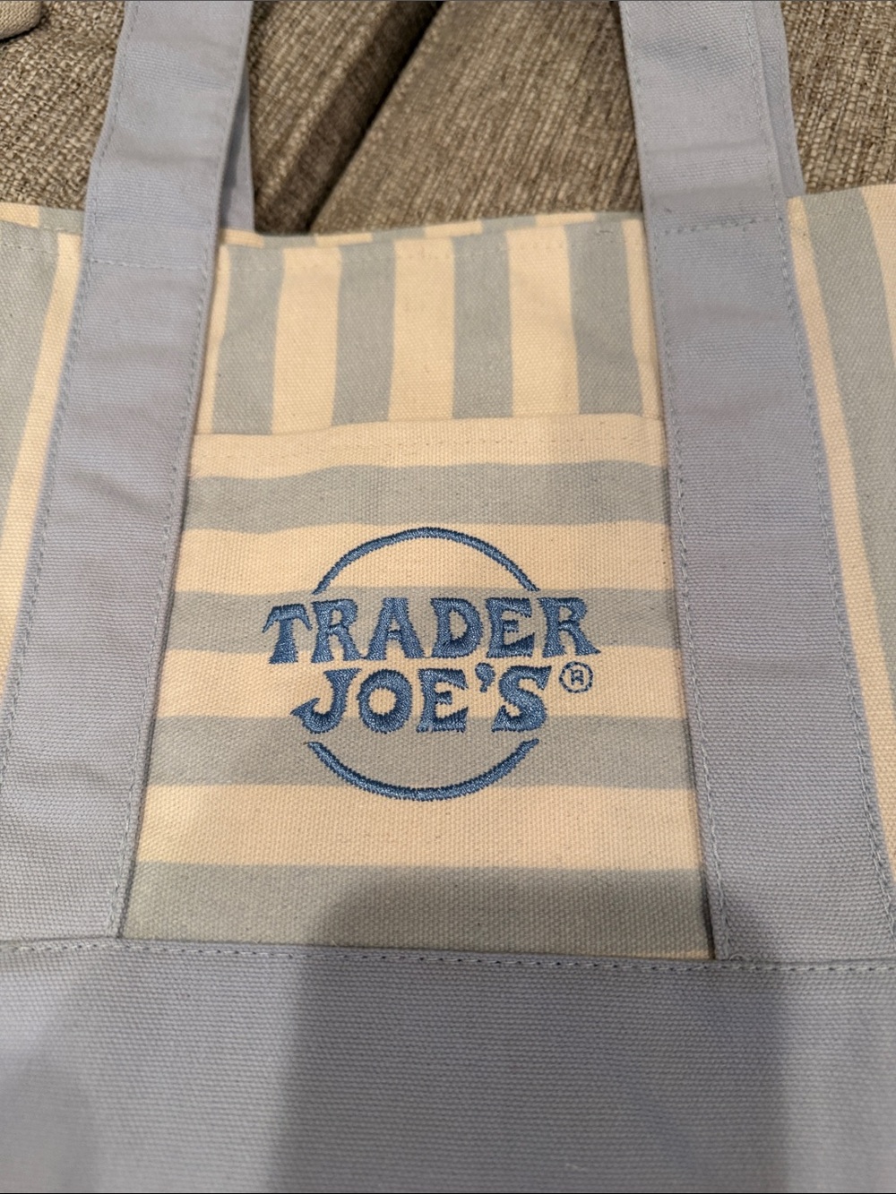 Trader Joe’s Summer Striped Mini Canvas Tote Bags- set of 3- blue green & tan - Picture 2 of 6